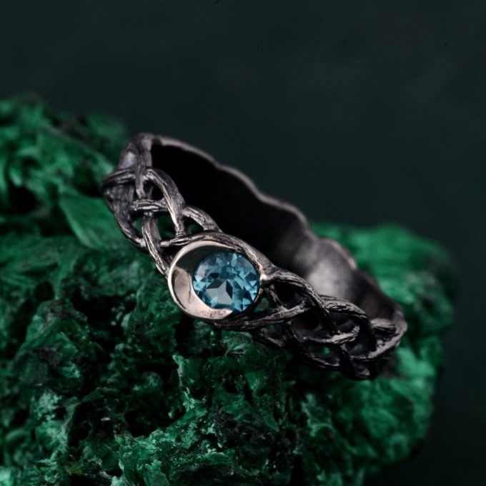 Silver Moon Topaz Ring: Mystical Celestial Blue Gemstone Band