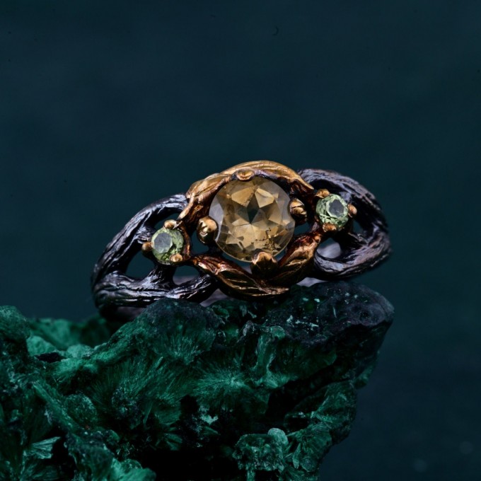 Citrine & Peridot Branch Ring - Nature-Inspired Unique Engagement Ring