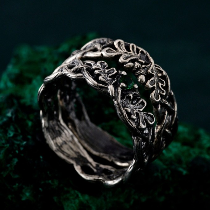 Nature's Embrace Wedding Bands with Oak & Acorn Design