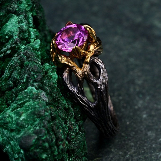 Elegant Alexandrite Wedding Ring for Women – Viking Promise Band with Artistic Leaf and Tree Motif