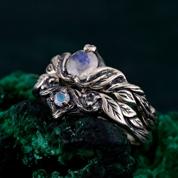 Silver Moonstone Ring Set: Nature-Inspired Leaf and Vine Design Bohemian Wedding Band