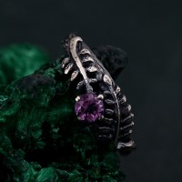 Amethyst Fern Branchlet Ring, Whispering Fern Ring, Twig and Fern Ring, Woodland Fern Band, Graceful Frond Ring
