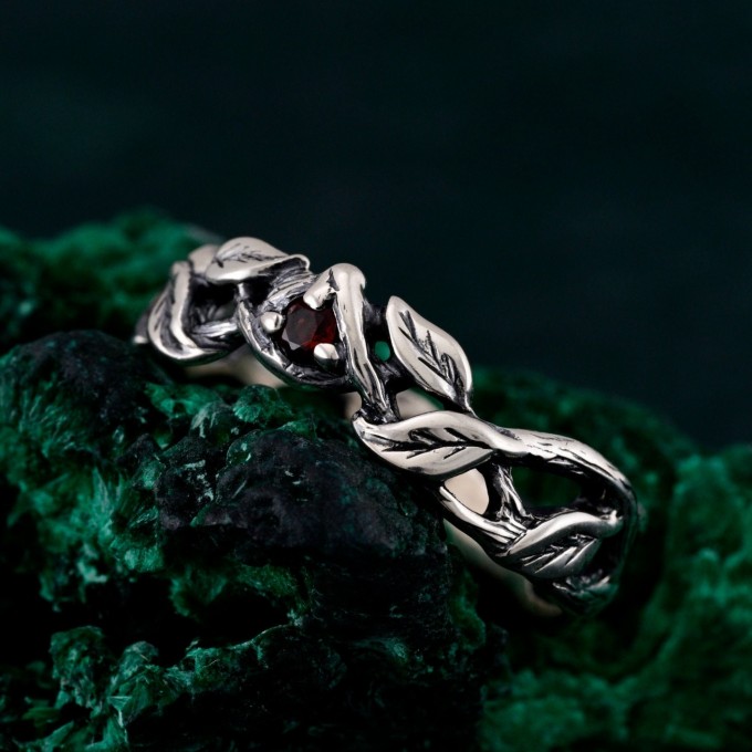 Garnet Twig Silver Ring - Adorned Branch Design
