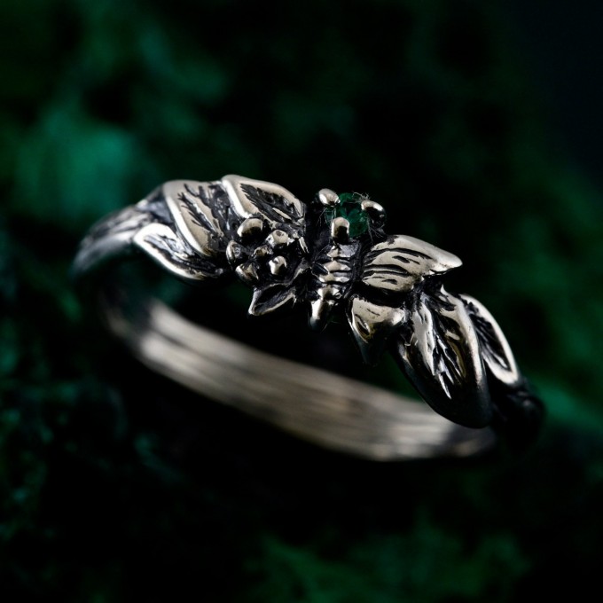 Unique Emerald Twig Engagement Ring – Sterling Silver Nature-Inspired Ring, Whimsical Butterfly Design, Artisan Crafted Jewelry