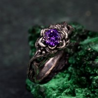 Amethyst Dewdrop Ring - Silver Leaves Embrace, Botanical Romance, Artisan Crafted