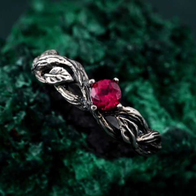 Delicate Twig Engagement Ring with Ruby – Leafy Branch Twisted Wedding Band
