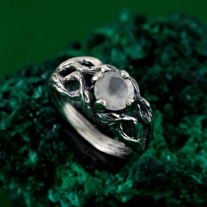 Gothic Silver Ring with Moonstone and Organic Design