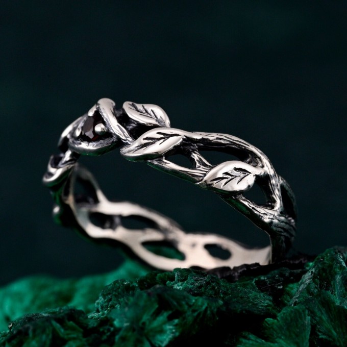 Garnet Twig Silver Ring - Adorned Branch Design
