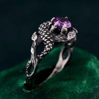 Amethyst Dragon Scale Ring - Mystical Serpent Band - Enchanted Silver Jewelry