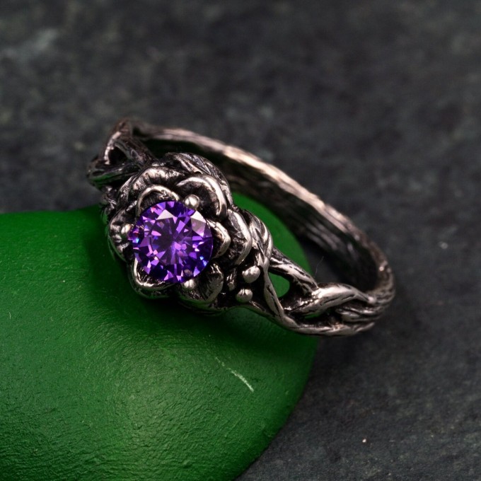 Amethyst Dewdrop Ring - Silver Leaves Embrace with Botanical Romance Design