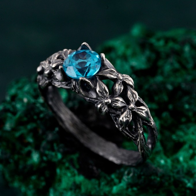 Ethereal Topaz Engagement Ring: Vintage Floral and Tree Branch Design