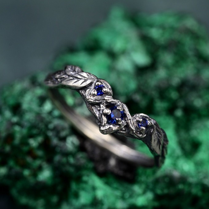 Whispers of Twilight: Gothic Leaf Sapphire Ring