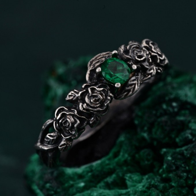 Emerald Blossom Silver Ring – Nature's Elegance with Floral Twig Accent, Dainty Branch Delight Ring Featuring Flower on Silver Twig