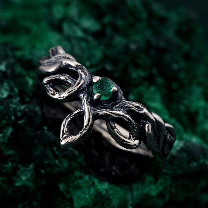 Delicate Leaf Braid with Wood Bark Branch Weave – One-of-a-Kind Silver Fairy Engagement Ring