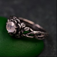 Bohemian Moonstone Lotus Ring - Artisanal Sterling Silver with Whimsical Forest Detail, Unique Botanical Ring