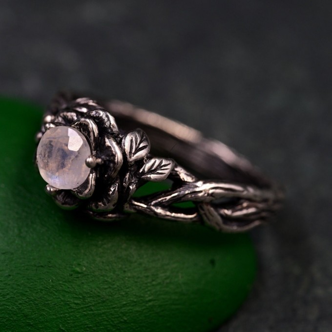 Bohemian Moonstone Lotus Ring - Unique Botanical Design