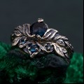 Elven Silver Ring Set with London Blue Topaz – Nature-Inspired Bridal Set, Enchanted Forest Stackable Rings, Mystical Twig Leaf Design