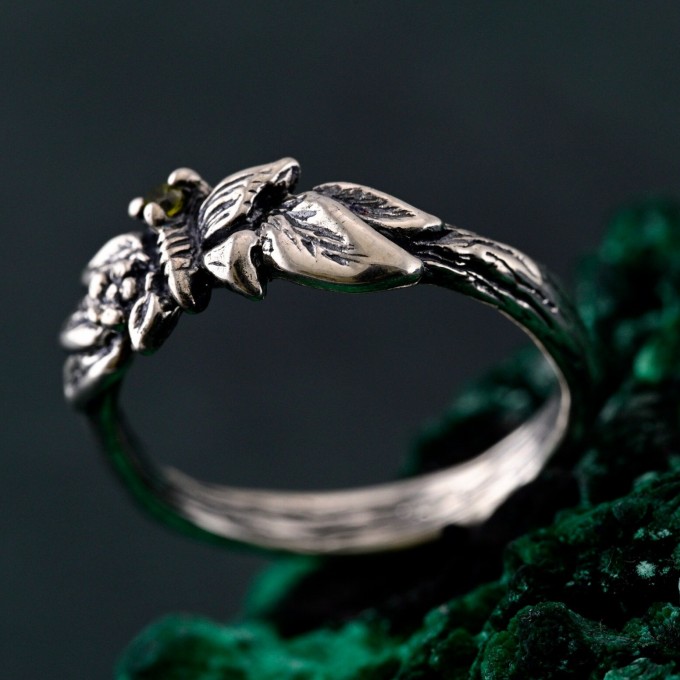 Enchanted Forest Peridot Twig Ring with Unique Butterfly Design