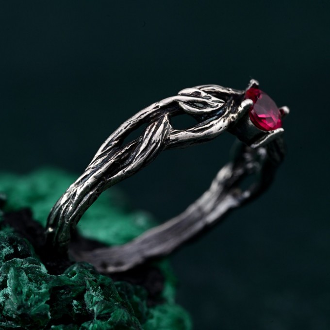 Leafy Branch with Ruby Ring – Nature-Inspired Silver Twig Jewelry