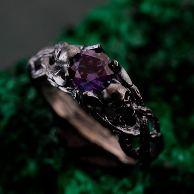 Silver Skull Engagement Ring: Gothic Twig Band Design