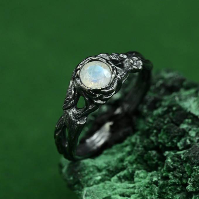 Moonstone Fairy Twig Ring - Elven Silver Engagement with Floral Wildflower Design