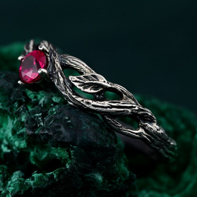 Leafy Branch with Ruby Ring – Nature-Inspired Silver Twig Jewelry