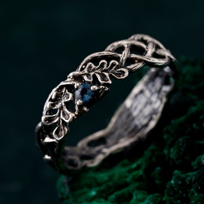 Oak Leaves Silver Dainty Topaz Engagement Ring