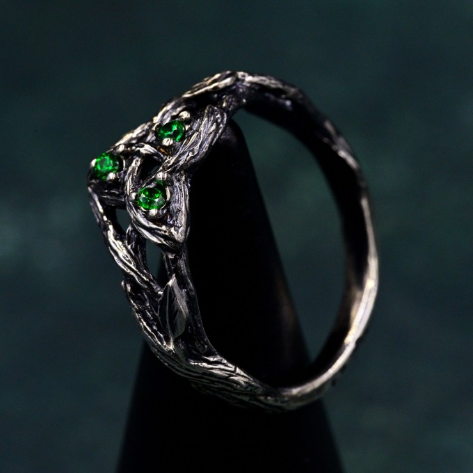 Enchanted Forest Silver Ring with Mystical Iridescent Jewel
