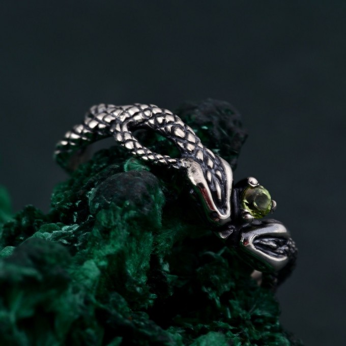 Emerald Coil: Gothic Snake Ring with Peridot