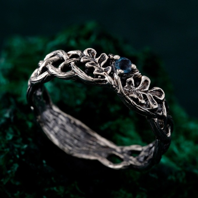 Oak Leaves Silver Dainty Topaz Engagement Ring