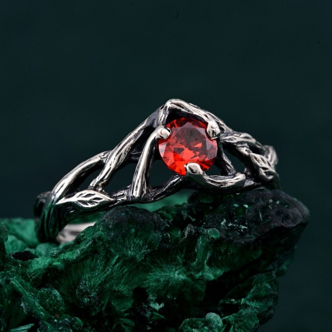 Unique Ring for Women's Engagement – Silver Nature-Inspired Design, Garnet Branch Ring, Perfect Gift for Her