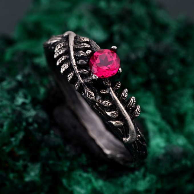 Ruby Fern Branchlet Ring: Whispering Fern Design