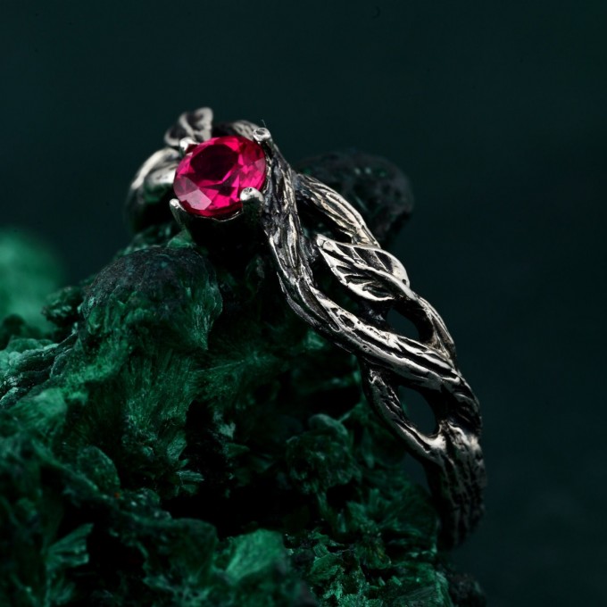 Leafy Branch with Ruby Ring – Nature-Inspired Silver Twig Jewelry
