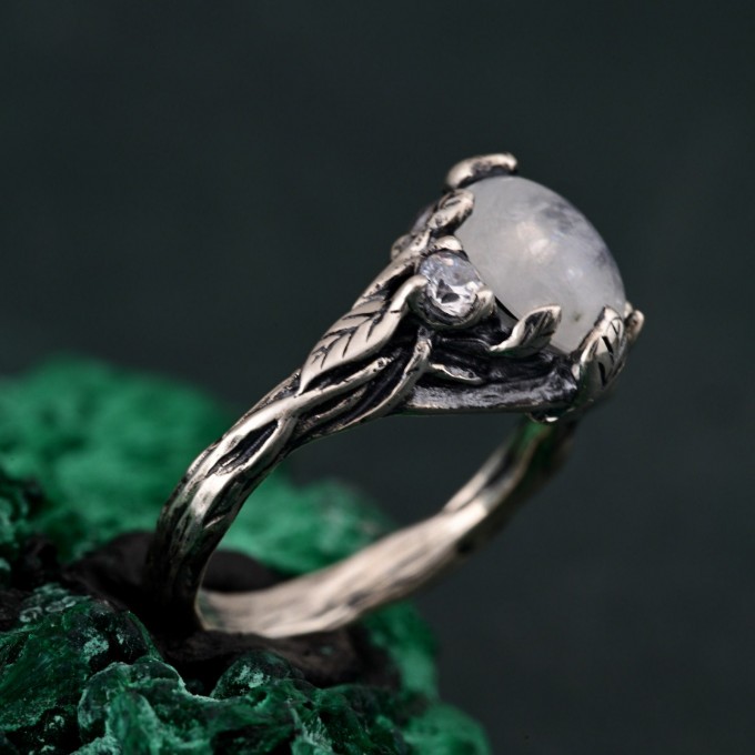 Silver Fairy Engagement Ring: Ethereal Forest Design with Tree Bark Band