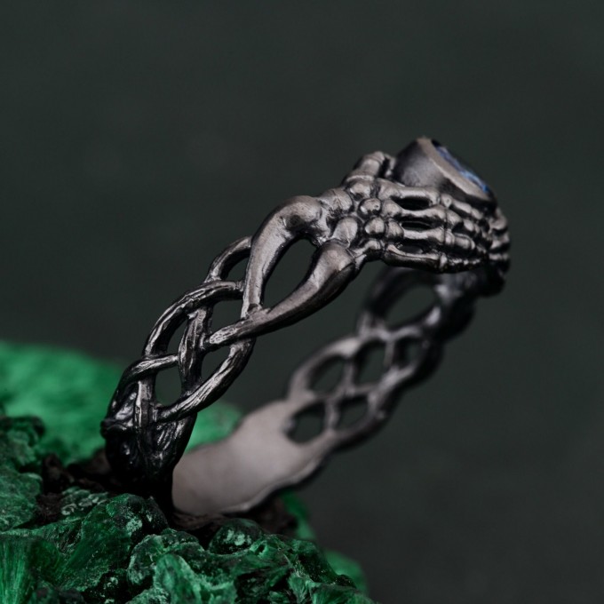 Celtic Knot Blue Topaz Fantasy Ring with Skeleton Hand Design - Gothic Engagement Jewelry