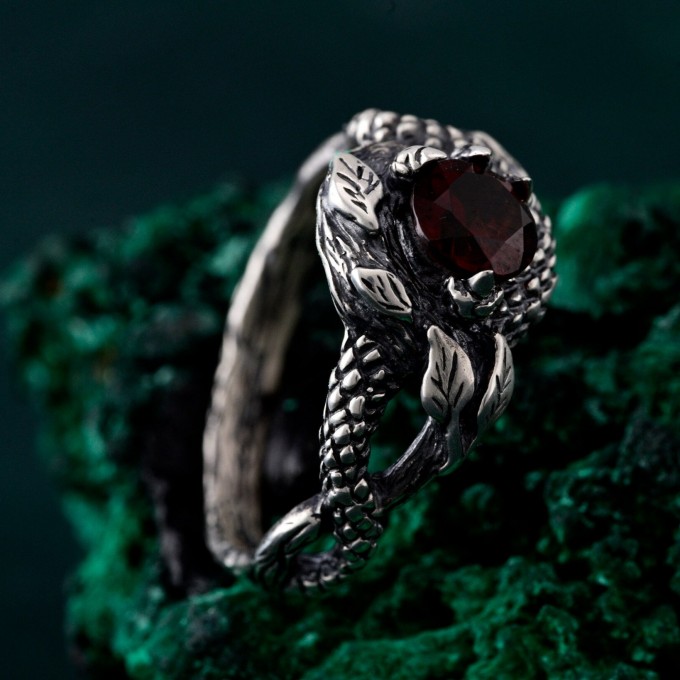 Garnet Serpent Ring with Vintage Dragon Scale Design