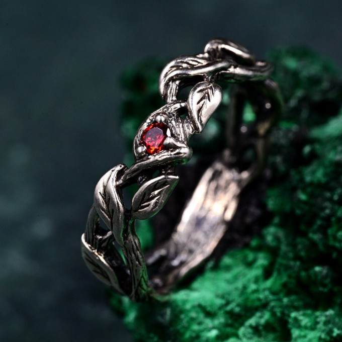 Woodland Fairycore Silver Eternity Ring – Men's Leafy Vine Engagement Band, Braided Tree Branch Silver Ring, Leaf Design Band