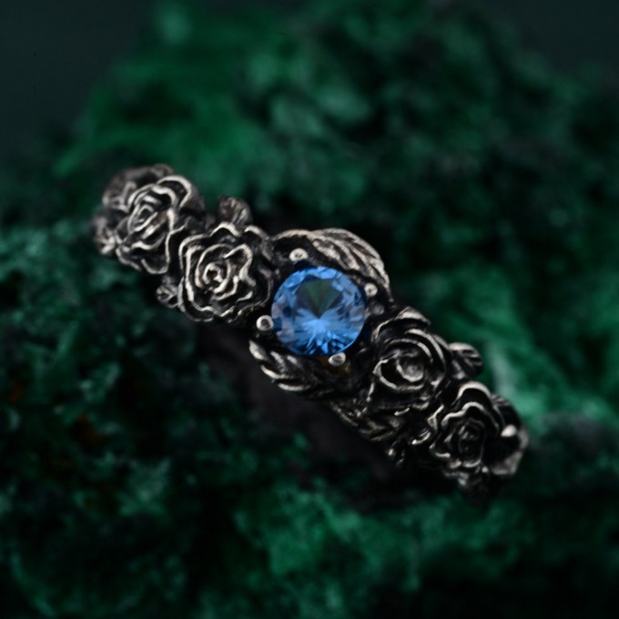 Topaz Blossom Silver Ring – Nature's Elegance Silver Ring, Floral Twig Accent Ring, Dainty Branch Delight Ring, Flower on Silver Twig Ring