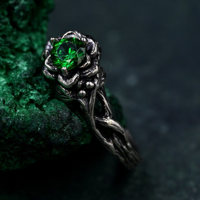Enchanted Forest Emerald Ring - Whimsical Celtic Twig & Lotus Wedding Band