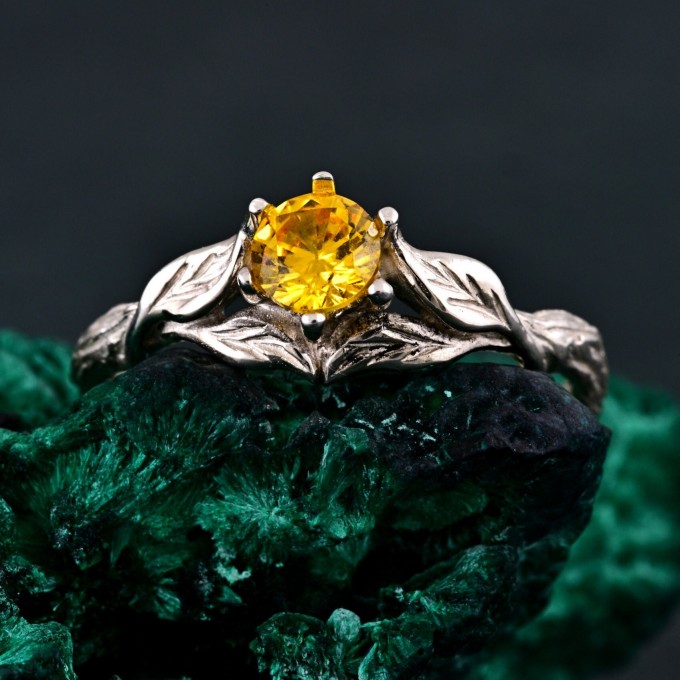 Sylvan Citrine Engagement Ring – Silver Nature-Inspired Band, Elven Leaf Design, Woodland Aesthetic Jewelry for Her