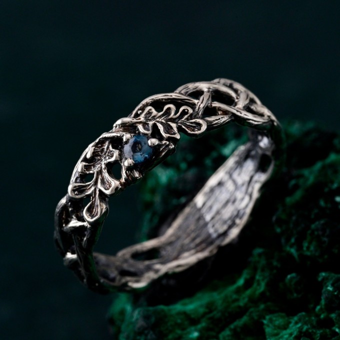 Oak Leaves Silver Dainty Topaz Engagement Ring