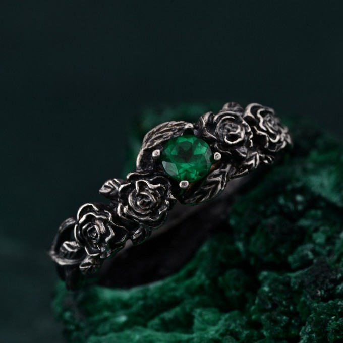 Emerald Blossom Silver Elegance – Dainty Floral Twig Accent Ring, Nature's Elegant Silver Bloom with Flower on Silver Twig