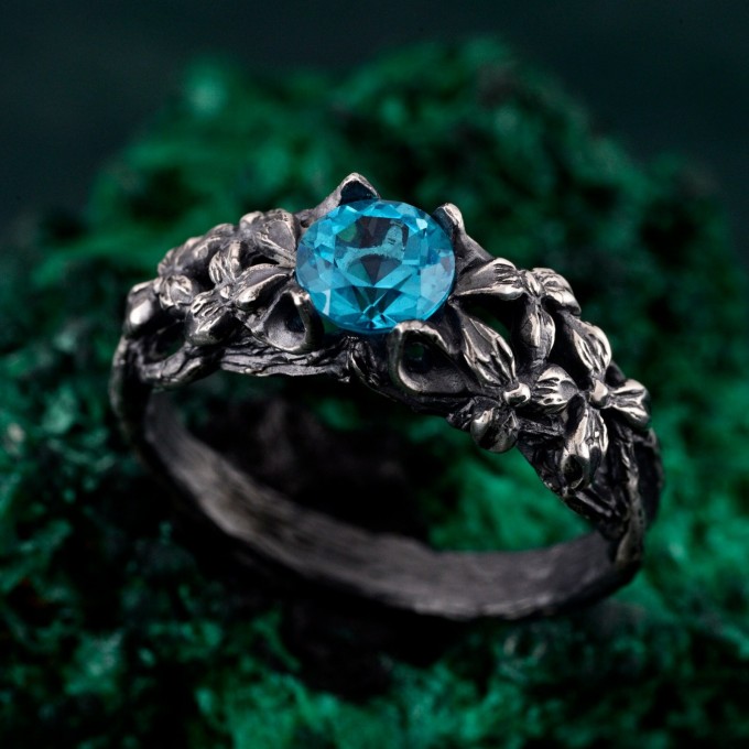 Ethereal Topaz Engagement Ring: Vintage Floral and Tree Branch Design