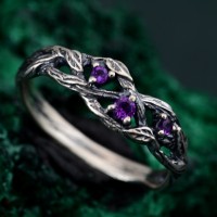 Amethyst Silver Ring - Nature-Inspired Twig Engagement Ring - Unique Dainty Leaf Design - Women's Birthstone Jewelry - Gift for Her