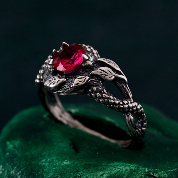 Elegant Ruby Serpent Ring – Mythical Silver Dragon Design, Unique Artisan Jewelry