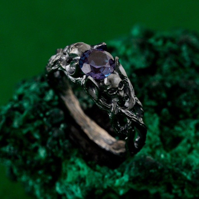 Artisan Silver Skull Engagement Ring - Mystical Wedding Band with Bohemian Branch Design