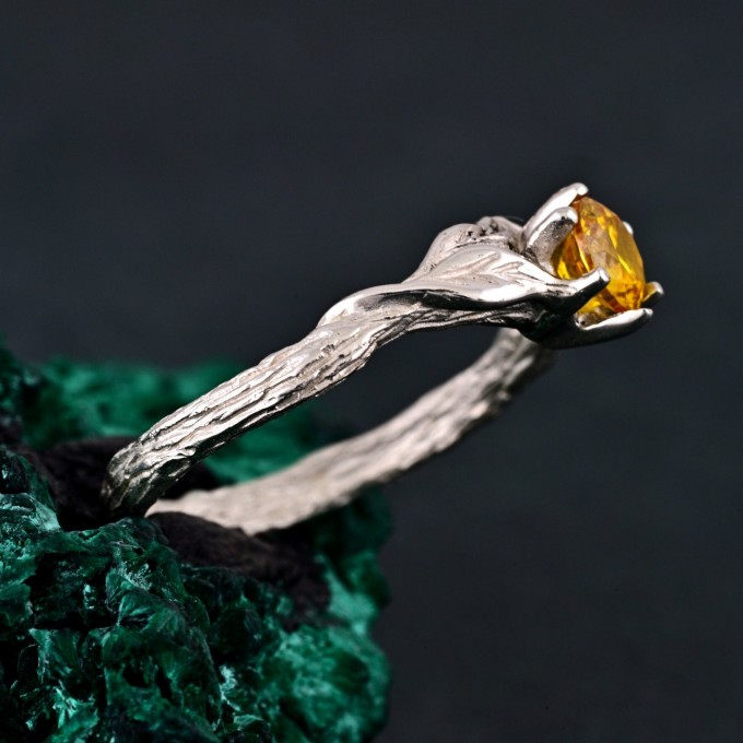 Sylvan Citrine Engagement Ring – Silver Nature-Inspired Band, Elven Leaf Design, Woodland Aesthetic Jewelry for Her