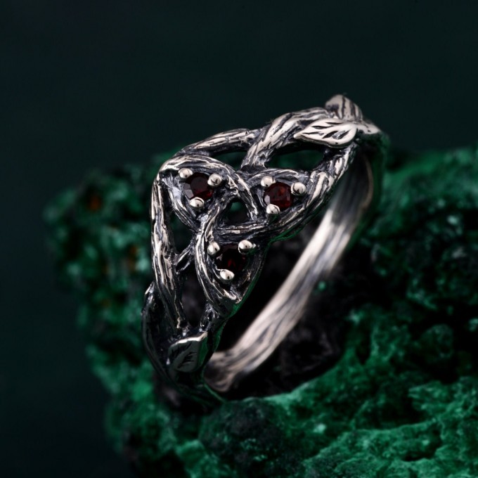 Crimson Trinity: Gothic Garnet Ring