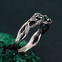Boho Emerald Braided Ring, Forest Proposal Jewelry, Tree Motif Emerald Engagement Ring, Wild Nature Silver Band