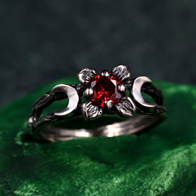 Gothic Silver Ring with Garnet and Moon Phases Design